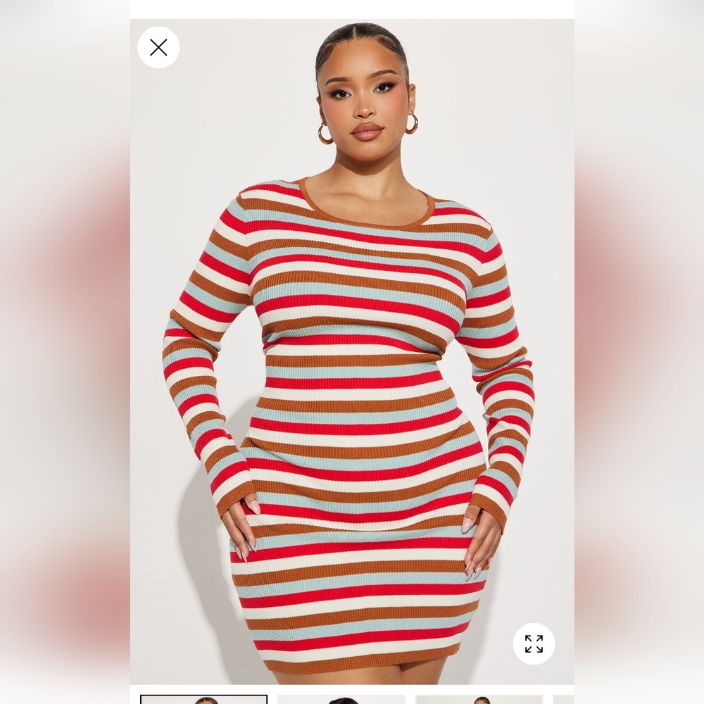 Fashion Nova Red and White Striped Long Sleeve Dress